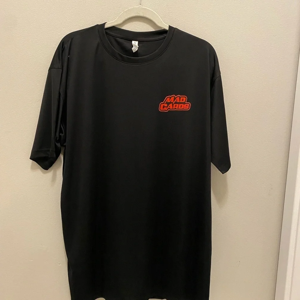 ULTRA CLUB men’s XL black tee shirt with a MAD CARDS Logo on the left chest Red. - Picture 2 of 11